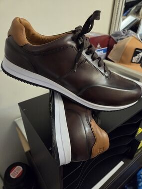 Hugo Boss Dark Brown Leather Sneakers with Tan Heel Accent